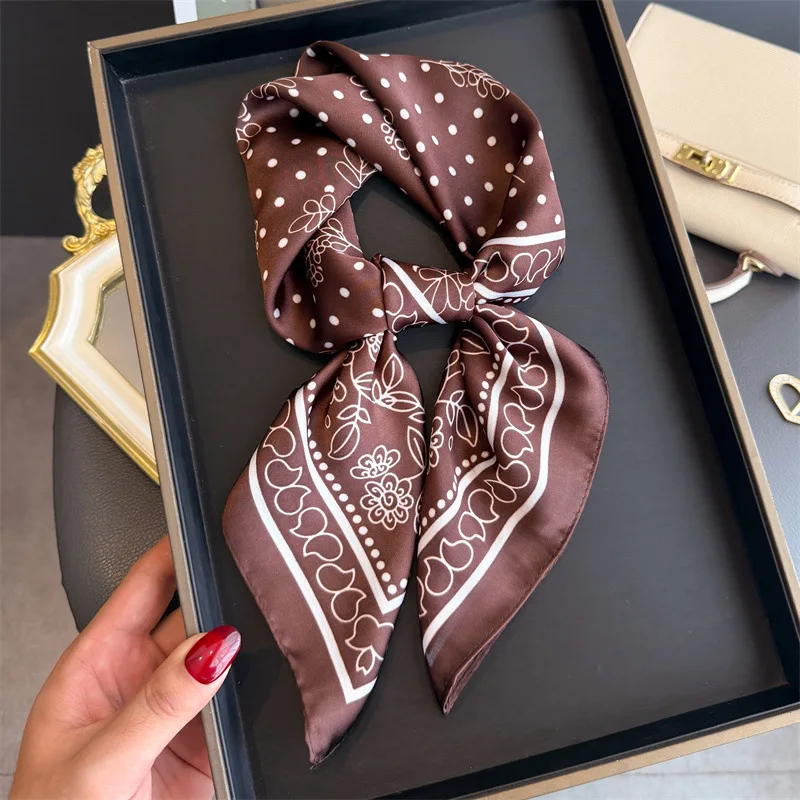 70cm Polka Dot Floral Printed Scarf Women's Autumn and Winter Soft Satin Scarf Fashionable Warm Shawl Neck Protection