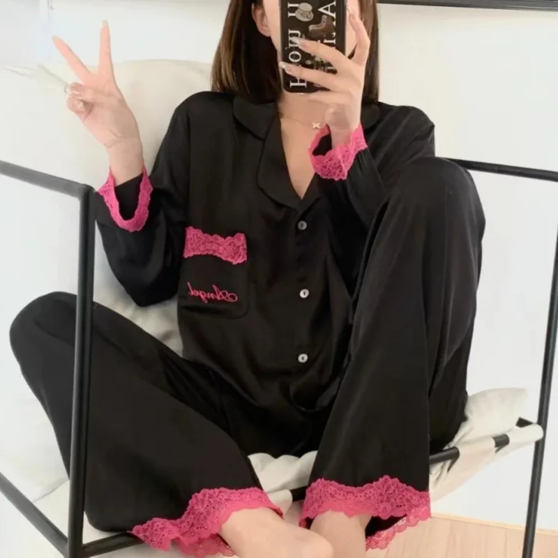 

2024 New Sexy Sleepwear Women's Spring Autumn with Ice Silk Long Sleeves and Thin Styles Fashionable Suitable Pajama Sets