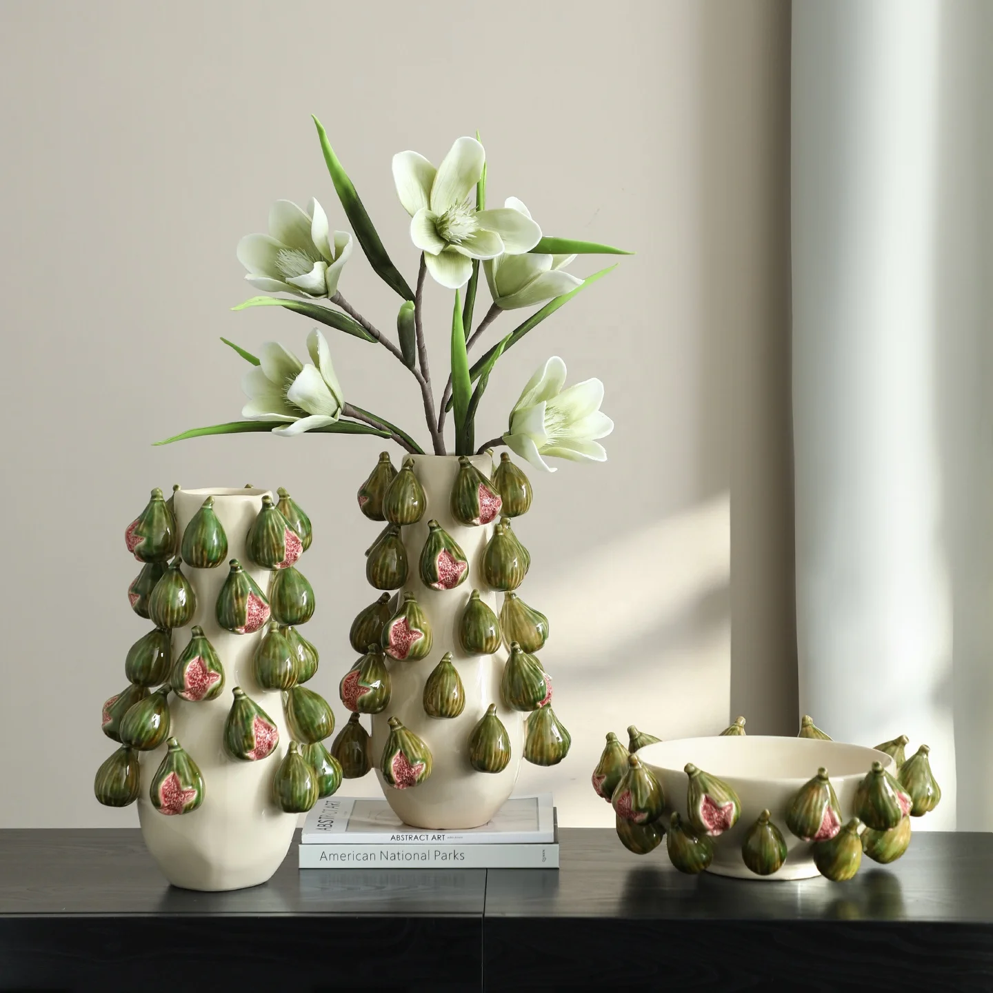 Handmade 3D Fig Embossed Pottery Ceramic Vase Green Floral Vases Fruit Bowl For Tabletop Display Home Decor