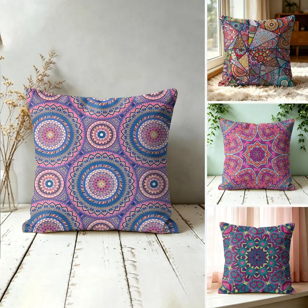 Bohemian Mandala Flower Design Cushion Cover Silky Short Plush Invisible Zipper Dustproof Sofa Pillow Case For Home Decor