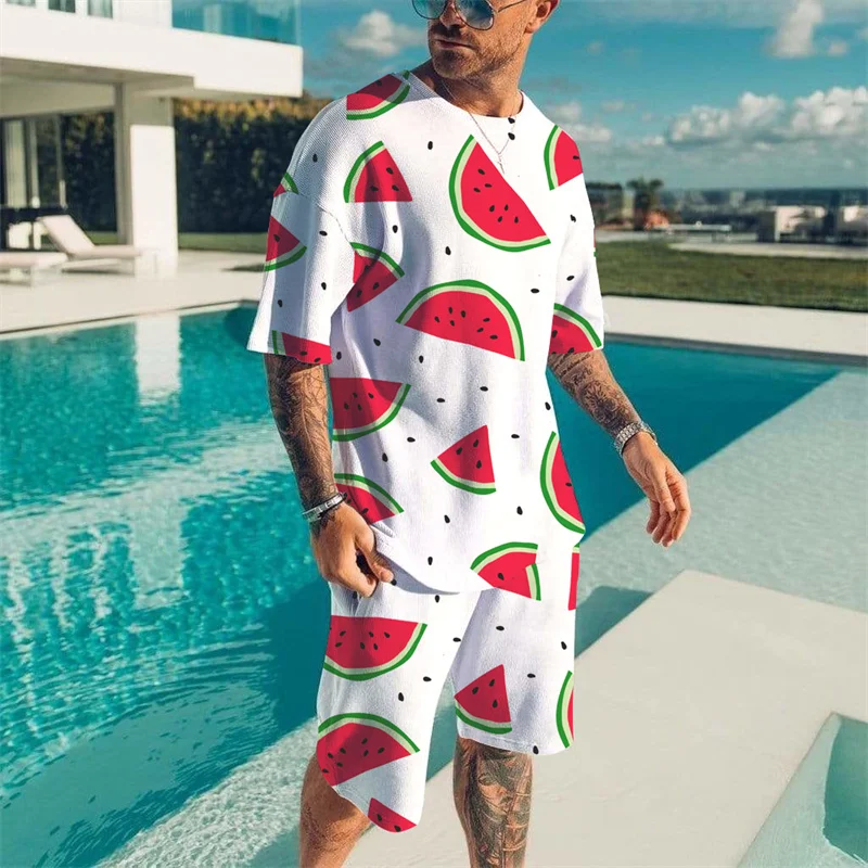 Hawaii Cute Fruit Pattern Set T-shirt Men's Leisure Vacation T-shirts 2 Piece Beach Quick Drying Breathable Short Sleeve Set