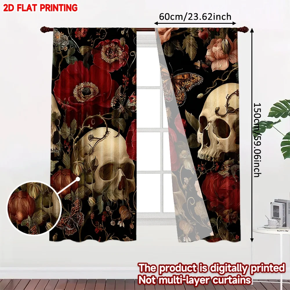 2pcs Skull Floral Curtains , Gothic Style with Red Roses Butterflies Green Leaves on Black Background for Bold Bedroom Decor