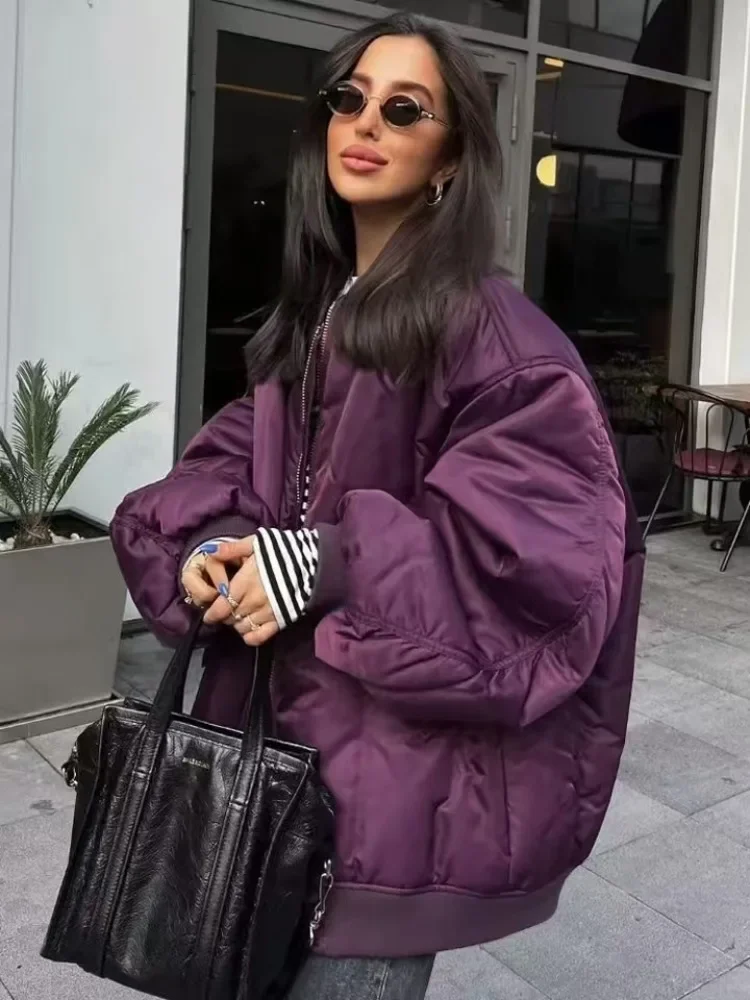 

2025 Women's Oversized Bomber Jacket Cotton Padded Aviator Coat Zipper Front Loose Fit High Quality Autumn Winter Parka