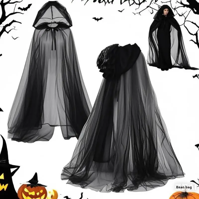 Tulle Cloak for Witch Pink Red Adults Women Halloween Ghost Cosplay Over sized Hood Sheer Cape view 3