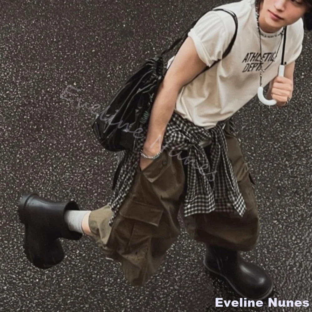 إيفا المضادة للانزلاق مقاوم للماء منتصف العجل احذية المطر الرجال جولة تو الانزلاق على كعب مكتنز الأسود ديربي كبير رئيس احذية المطر 2025 أحذية جديدة