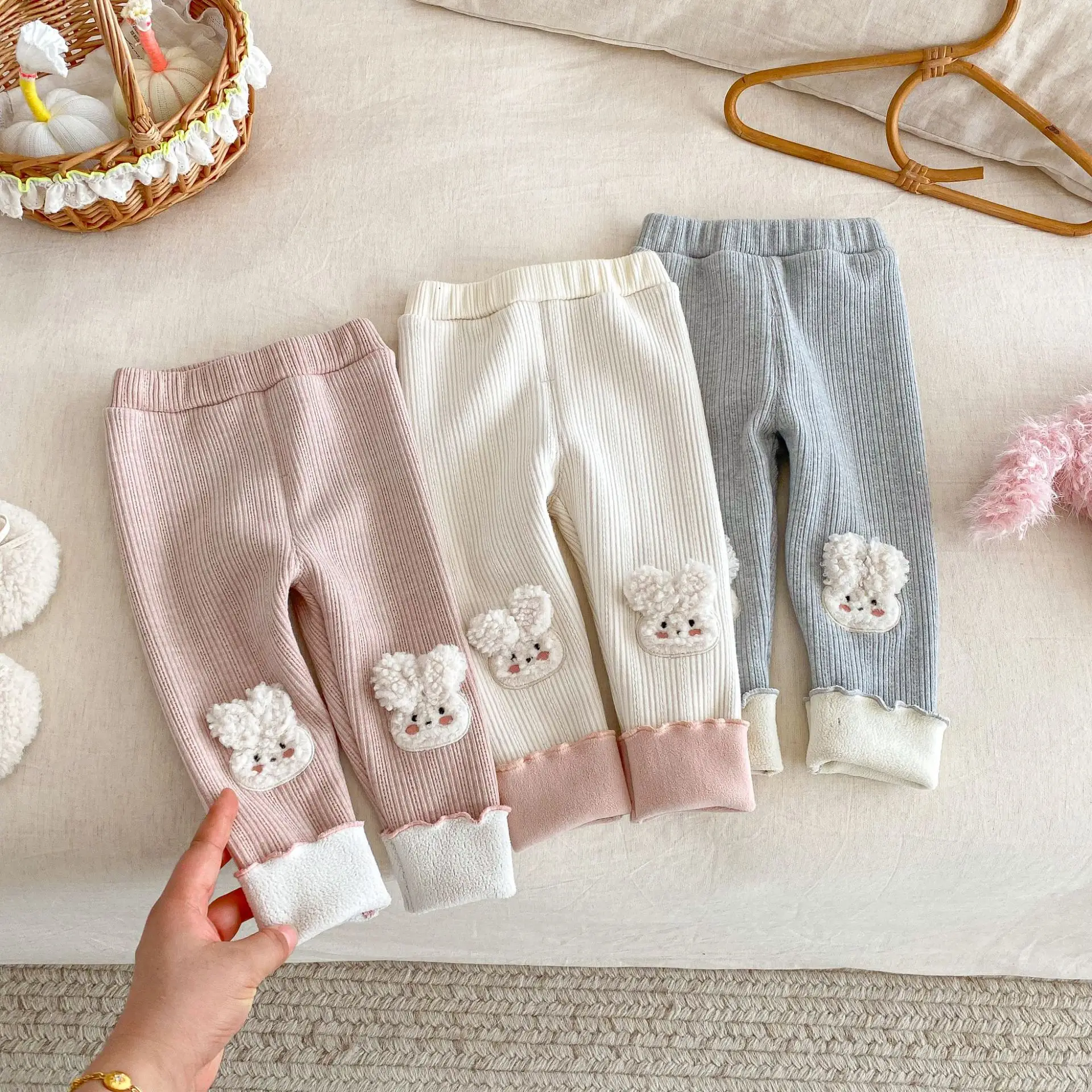 

2025 New Winter Kids Clothes Girls 9M-5Y Girl Rabbit Leggings Baby Warm Thicken Casual Pants Solid Color Ribbed Trousers