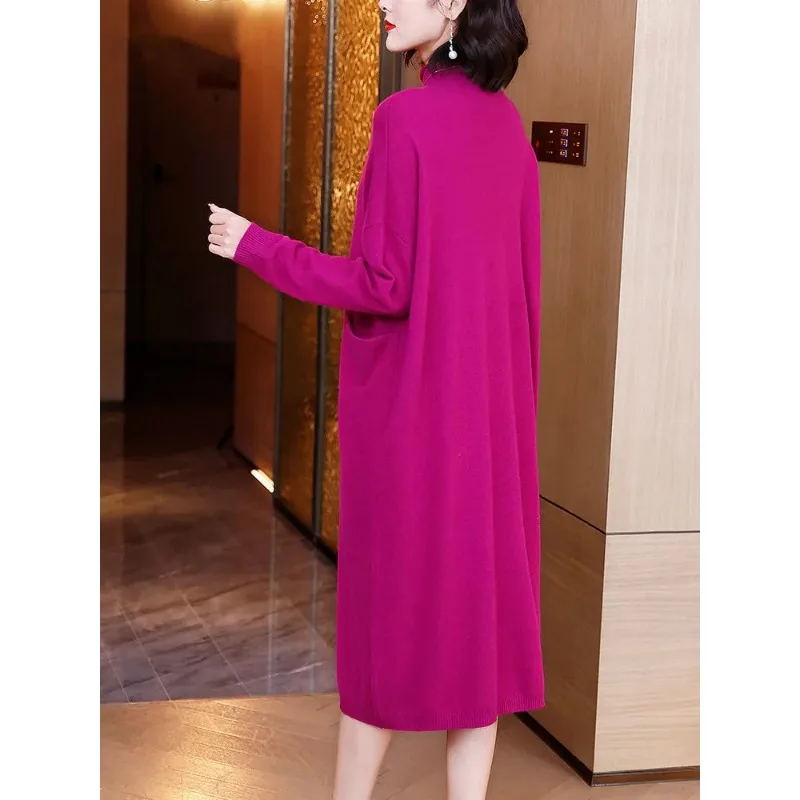 Robe tricotée Rose rouge pour femmes, nouveau Style à la mode, ample et amincissante, robe pull au-dessus du genou, automne et hiver