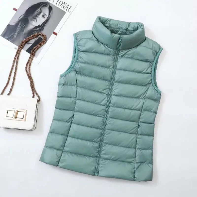 Winter Women Light White Duck Down Vest Warm Sleeveless Waistcoat Parka Female Stand Collar Down Coat Short Tops