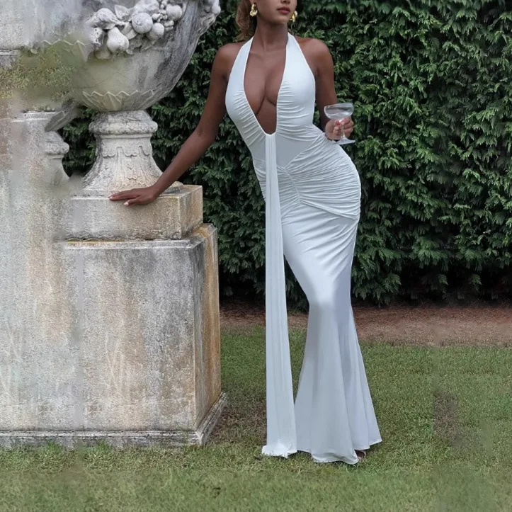 2026 Women's New Fashion Solid Color Elegant Halter Neck Deep V Waist Long Skirt Sexy Backless Ribbon Fishtail Women's Dress