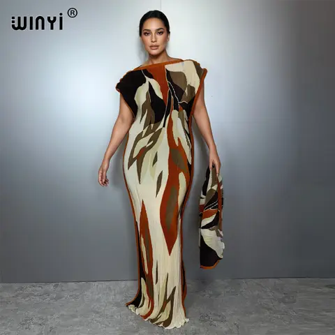 WINYI Pleated elastic slim dress Women crumple Design Pleated luxury abaya muslim party dress poncho for women beach wear kaftan