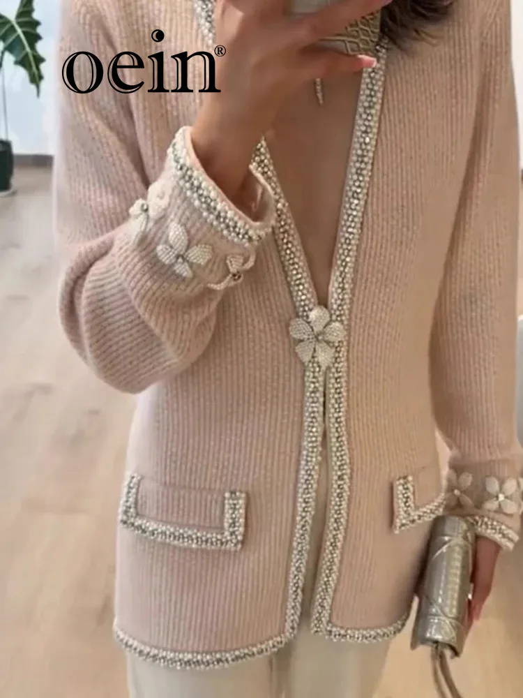 [oein] 2024 High-end Heavy Industry Korean And European Products Are Popular This Year. Pink Nail Bead V-neck Jacket For Women