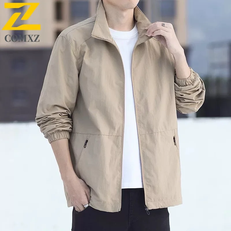 

Сплошной цвет, мужская куртка 2025 года, новая тонкая всепогодная свободная дышащая мужская куртка на молнии с воротником-стойкой, уличная повседневная мужская одежда