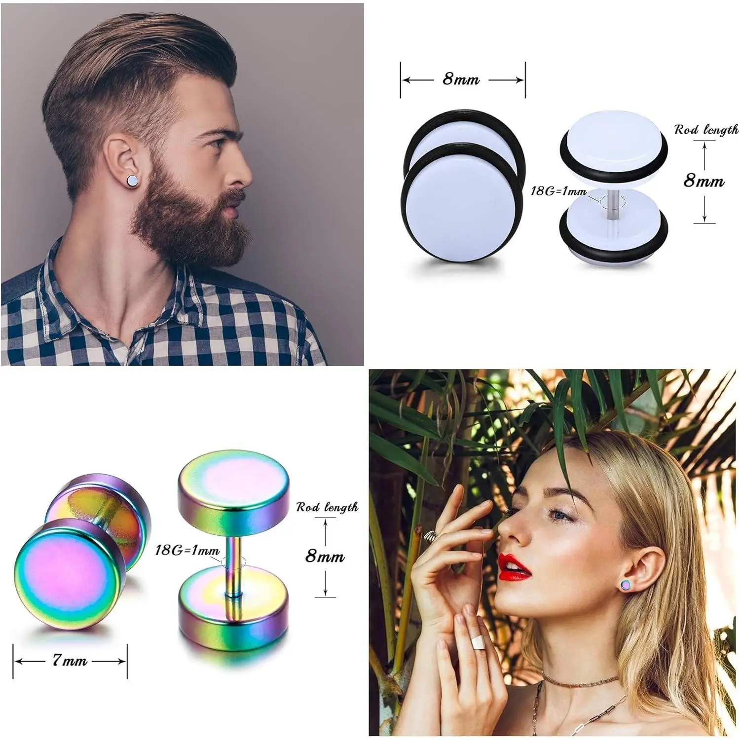 15 Pairs Mens Stud Earrings Set Stainless Steel Ear Piercing Faux Cheater Illusion Plugs Tunnel Flat Back Stud Earrings Fake Gauges Earrings for Men Women, Earring Stacking Set, Non Piercing Earrings summerwins
