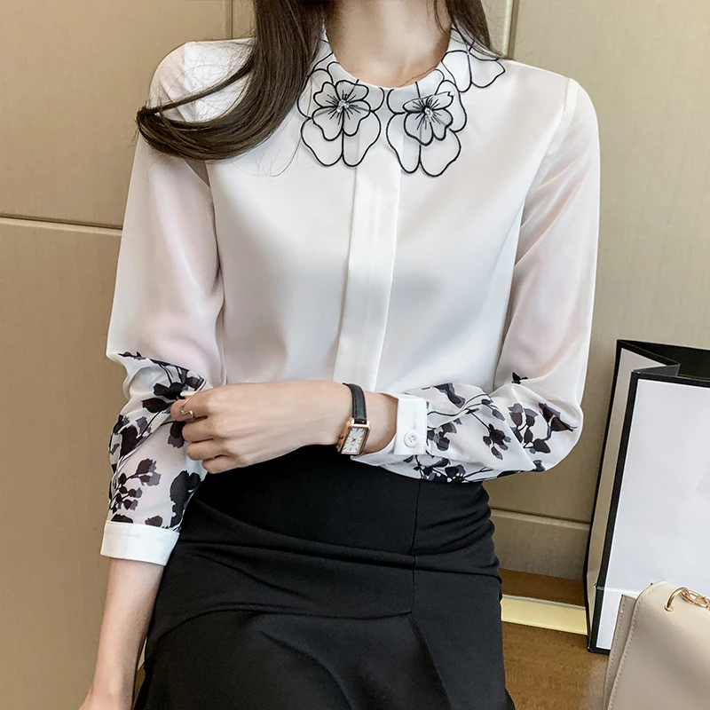 2023 Spring Summer New Petal collar Women Chiffon shirt Long sleeve Floral printed top Fashion Office lady blouse