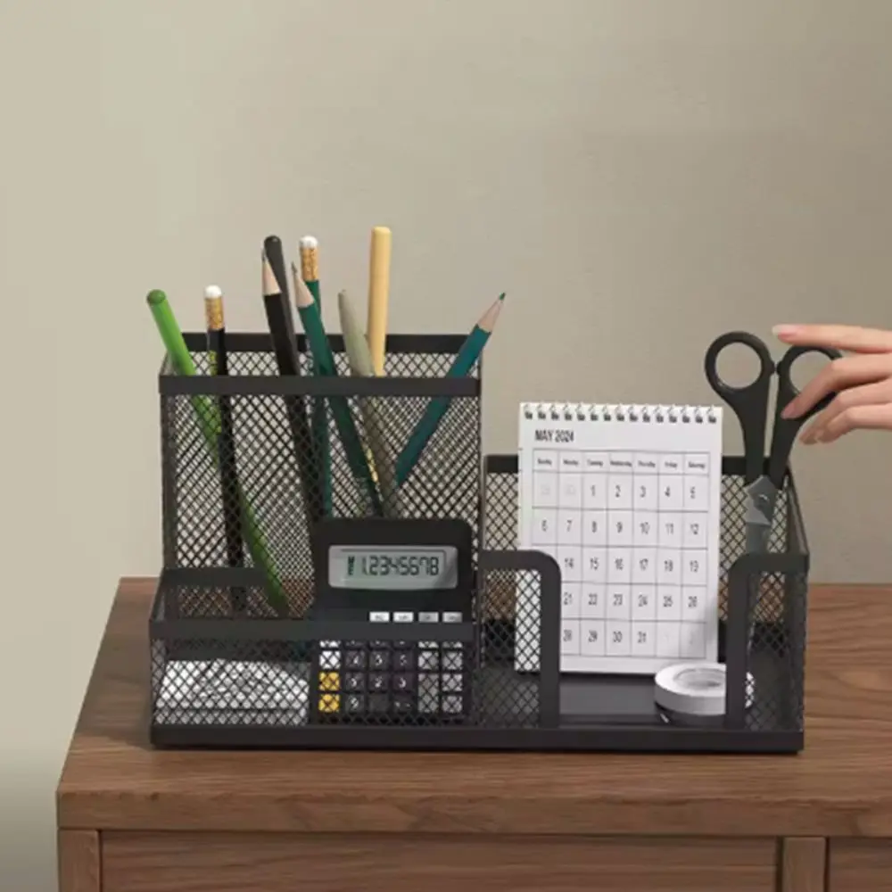 Metal Pen Holder 3/4 Grid Large Capacity Pencil Storage Box Mesh Design Black Desk Stationery Organizer Student