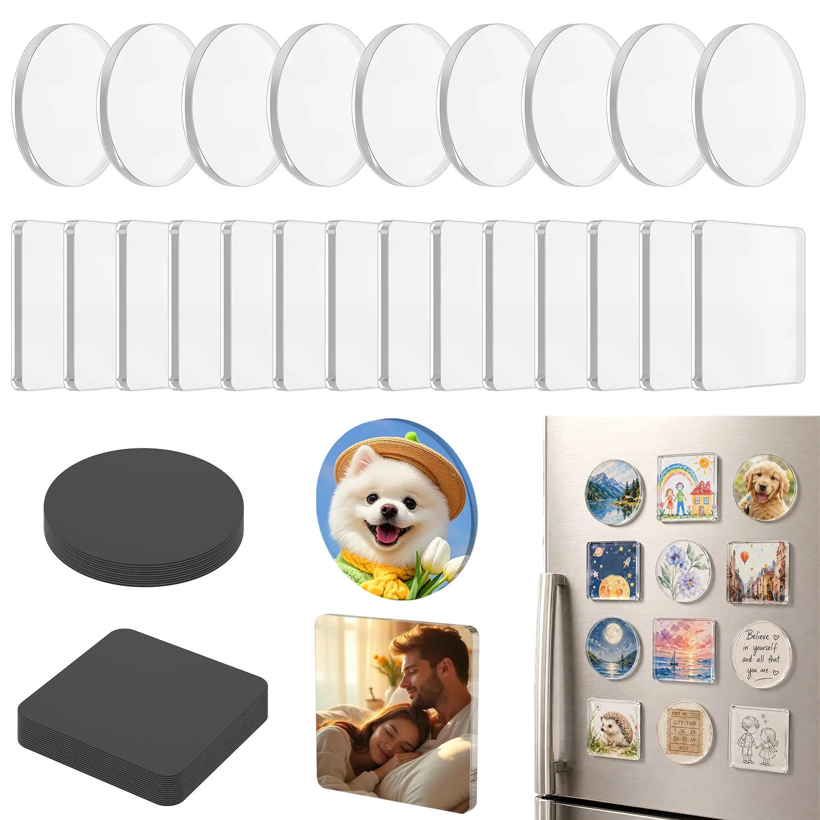 20/25Pcs DIY Fridge Magnet Kit Square Round Clear Acrylic Magnetic Set with Adhesive Backing for Photo Craft Office Classroom