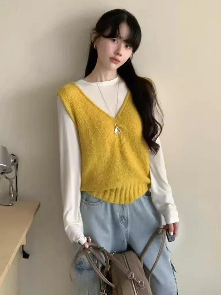 

Early Autumn Korean Sle Women's Knitted Vest Base Layer Top V-Ne Long Sve Warm Thermal Faionable Versatile Slimming