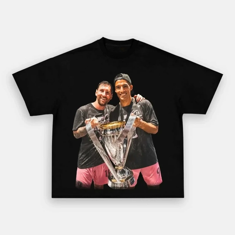 ميسي ميامي بطل 100% قميص رجالي قطن لكرة القدم جيرسي قميص تذكاري الصيف المتضخم المرأة قصيرة الأكمام التي شيرت