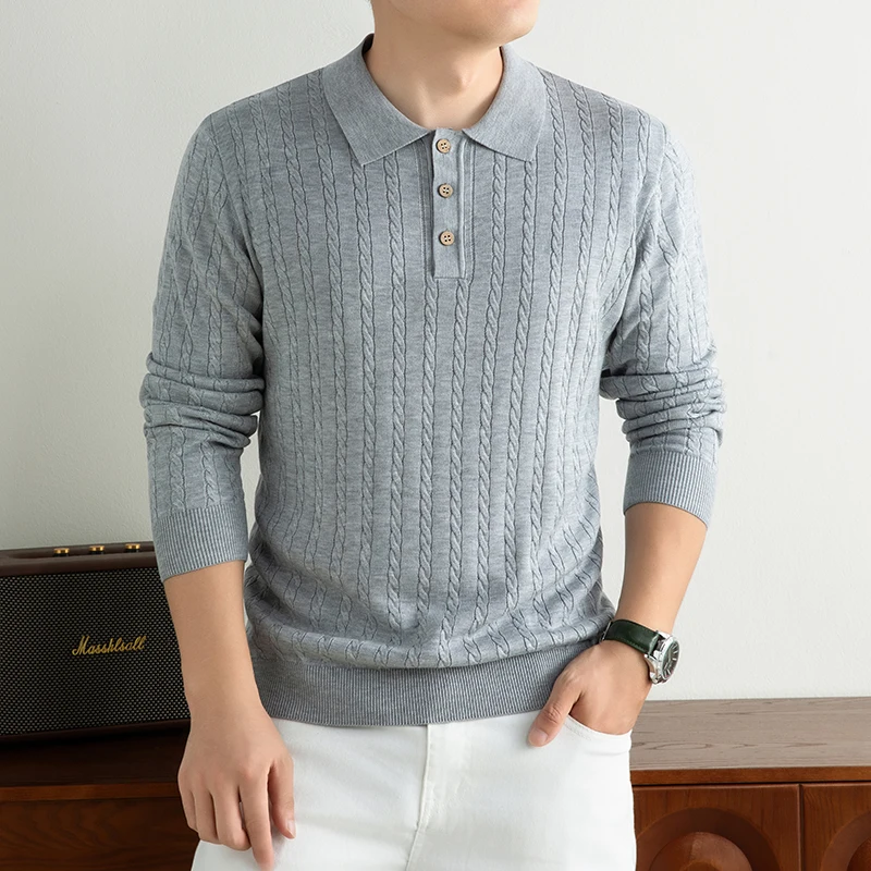 Good Mulberry Silk + Wool Knit Polos Men 2026 Autumn Trendy Twisted Sweater Long Sleeve Knitwear Turn Down Collar Knitting Tops