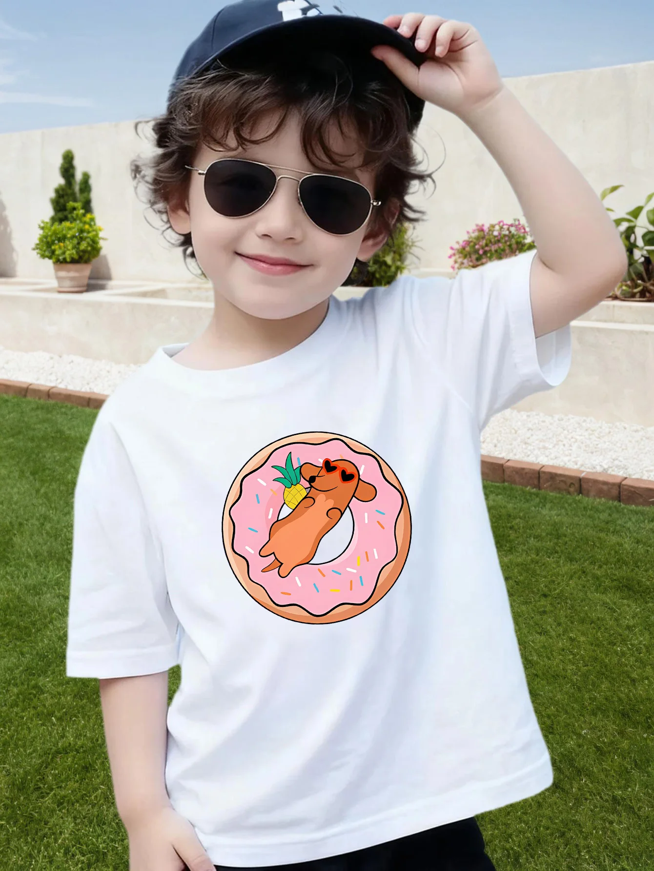 Lovely Donut Dachshund Dog Cartoon Print Boys Girls Family Matching Cotton Short Sleeve Crew Neck Soft Summer Kids Casual Tees