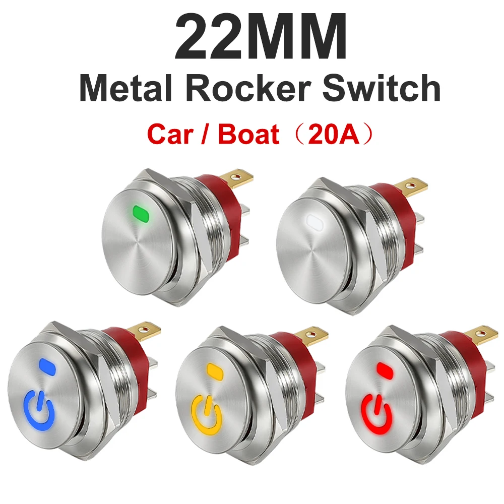 22mm Metal Toggle Rocker Switch LED Illuminated Car RV Auto Boat Dashboard Self-locking 12V 24V 20A ON-Off 3 Pin SPST 220V 15A