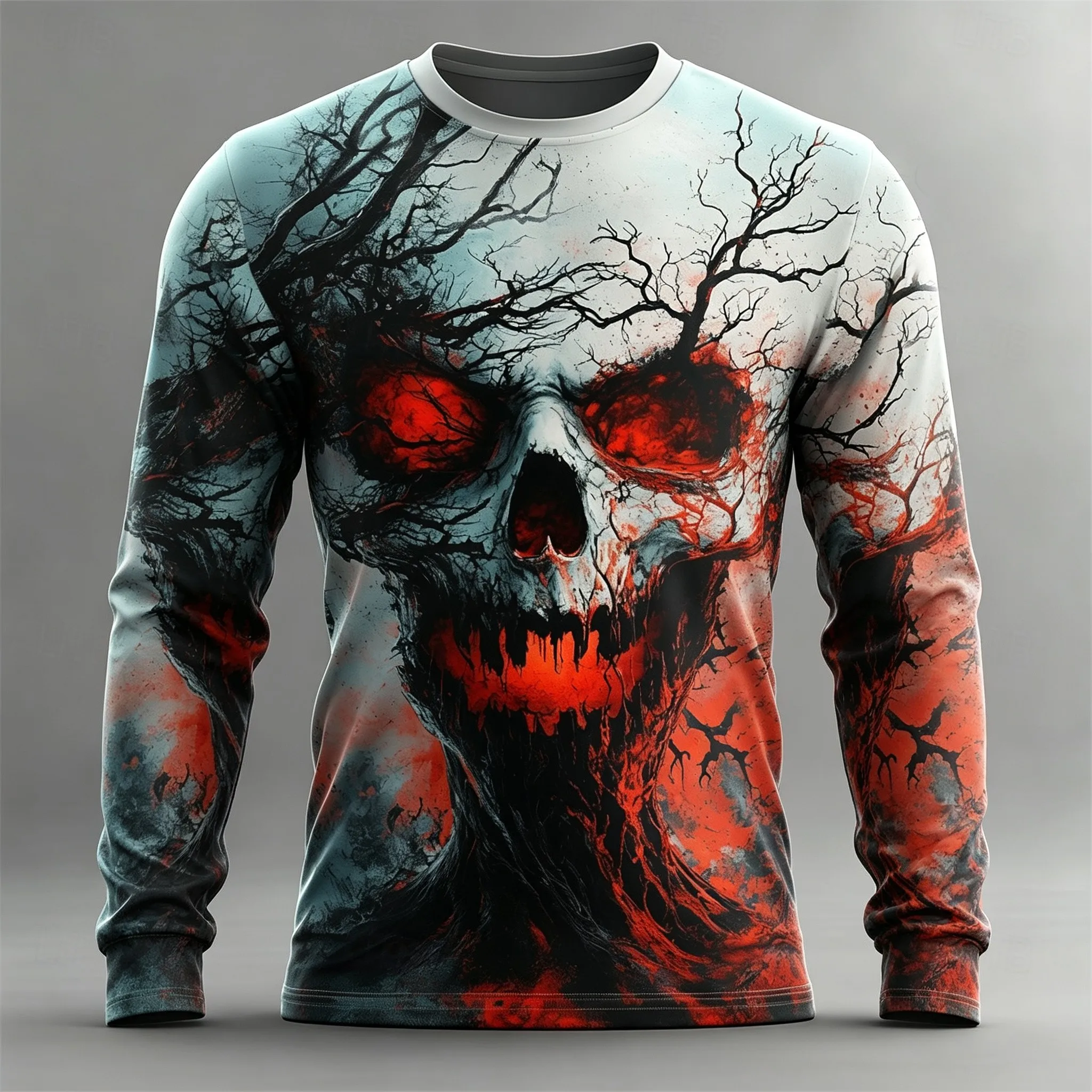 Men Halloween Horror Skull 3D Print Long Sleeve T‑shirt Gothic Fiery Demon Pattern Crew Neck Casual Party Costume Tops