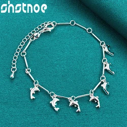 SHSTONE 925 Sterling Silver Bracelets For Women Party Wedding Christmas Fashion Jewelry Cute Gift 7 Dolphin Pendant Chain Bangle