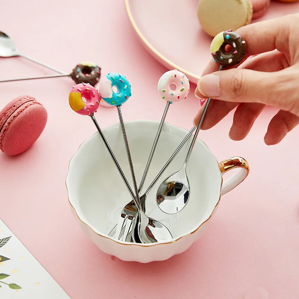 Cute Doughnut Ice Cream Kitchen Tool Coffeeware Dessert Cake Stirring Spoon Fruit Fork Teaspoon Coffee Spoon