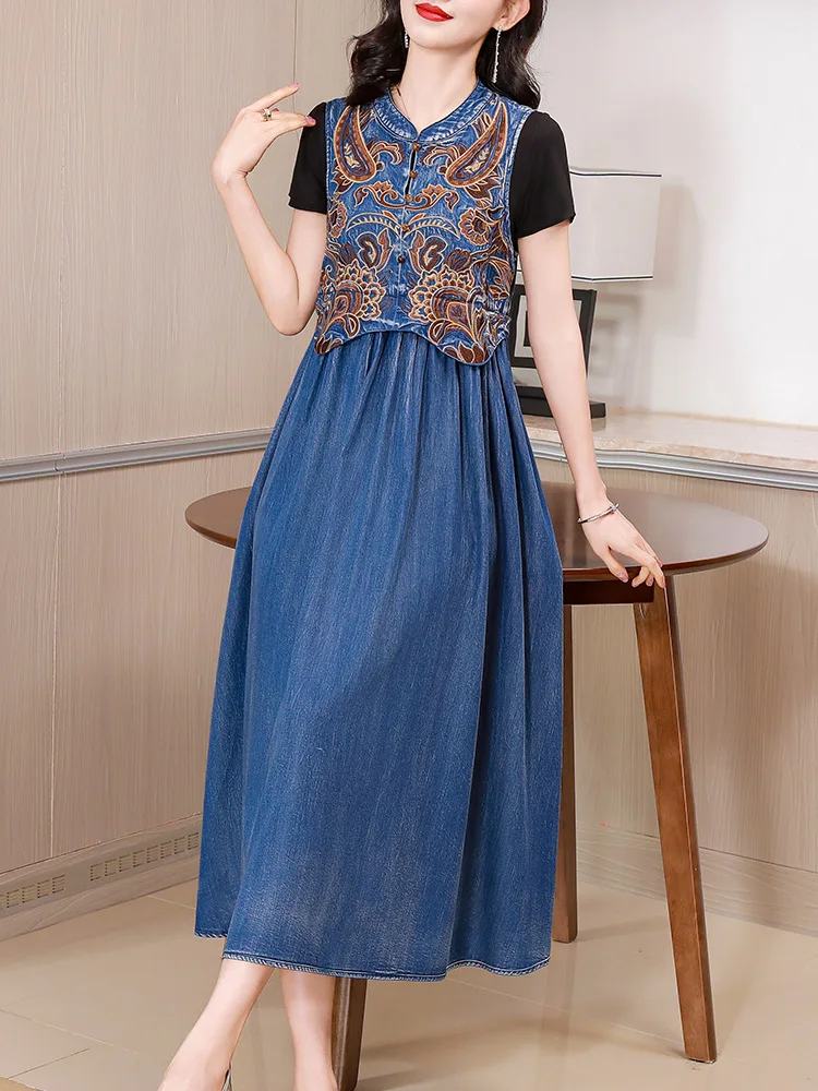 

TIYIHAILEY 2024 New Free Shipping Vintage Women Long Mid-Calf Denim Chinese Style Sleeveless Embroidery Dress With Pockets