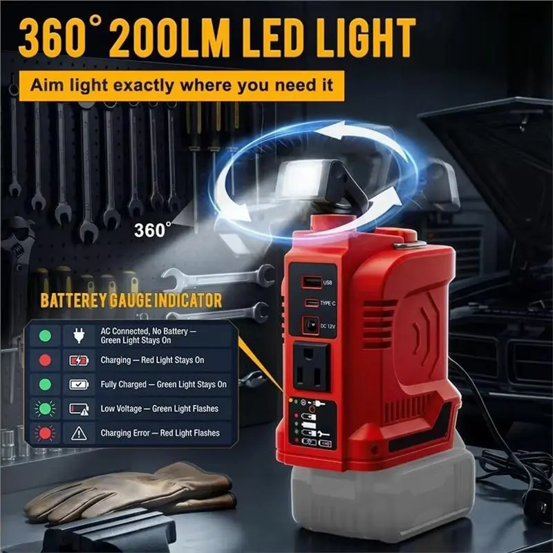 PHFU-Inverter With LED Light Type-C DC US Plug For Milwaukee Multifunction Intelligent Lithium Battery Outdoor Work
