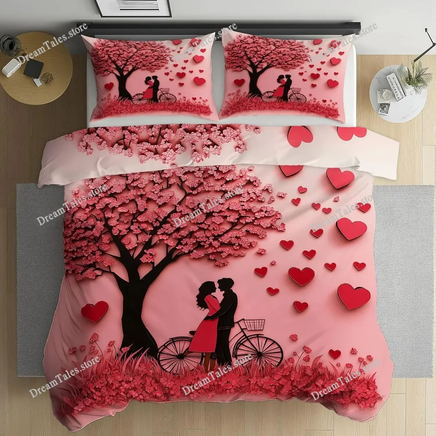 Red Heart Bedding Set  with Pillowcover,Romantic Couple Duvet Cover 3D Print,Valentine's Day Decorative Comforter Cover