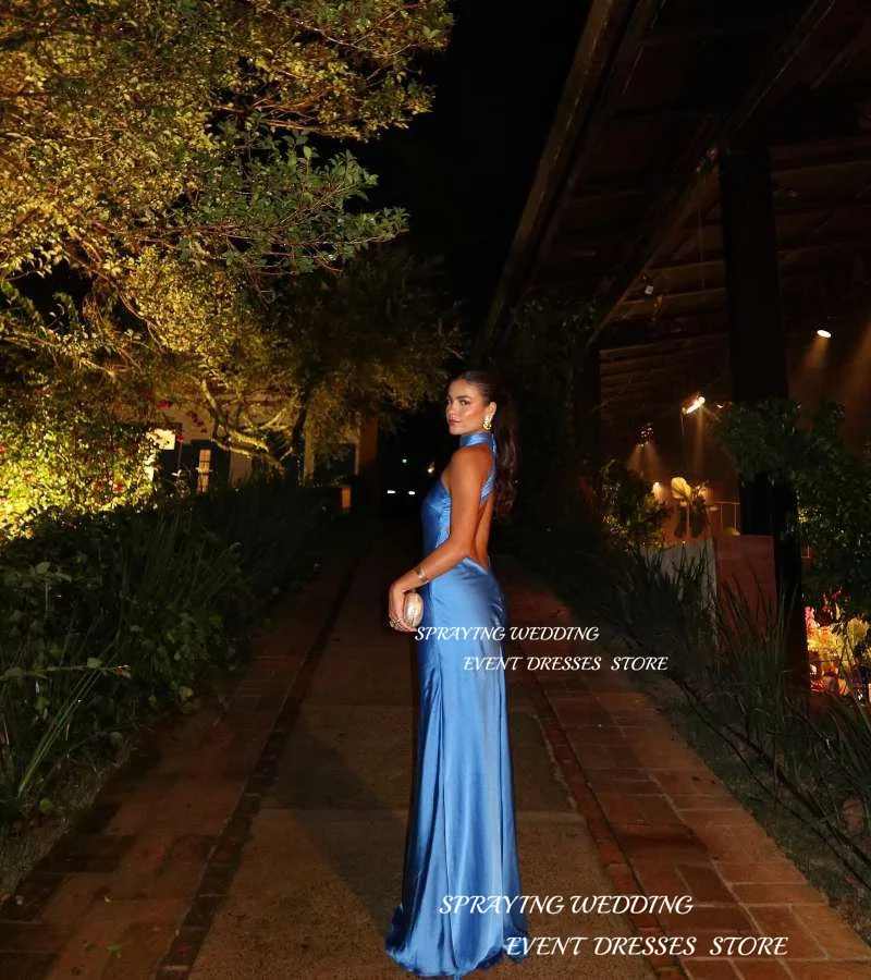 SPRAYING Blue Backless Evening Dress High Neck Floor-Length Vestidos De Fiesta Elegantes Para Mujer2024 Sleeveless Party Dress