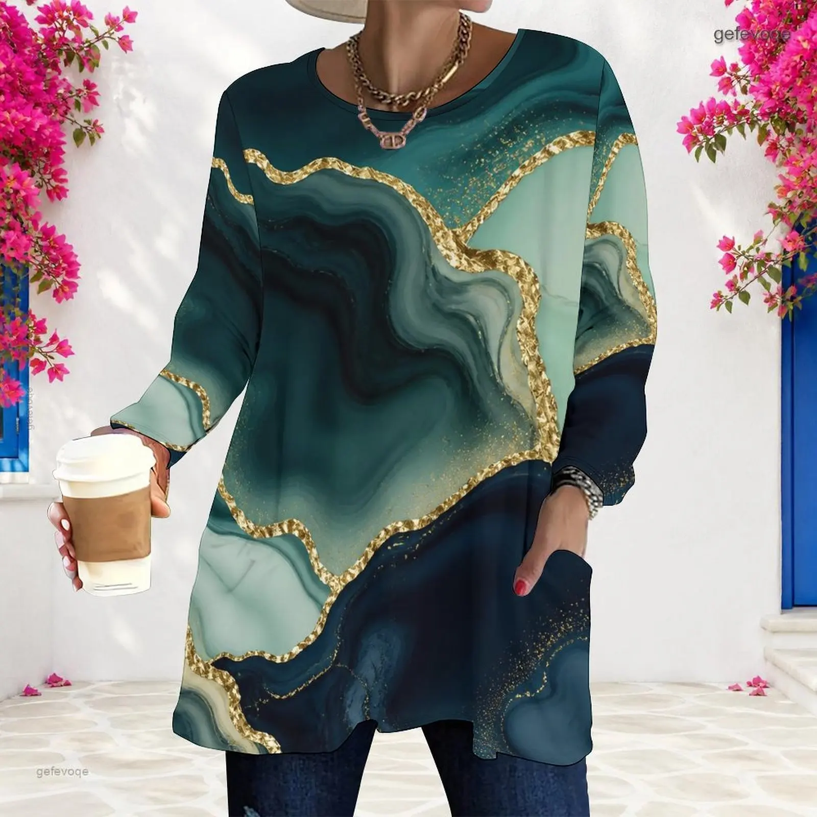 Women Teal Dark Blue Marble Gold Wavy Print Round Neck Long Sleeve Loose Longline Top with Pockets