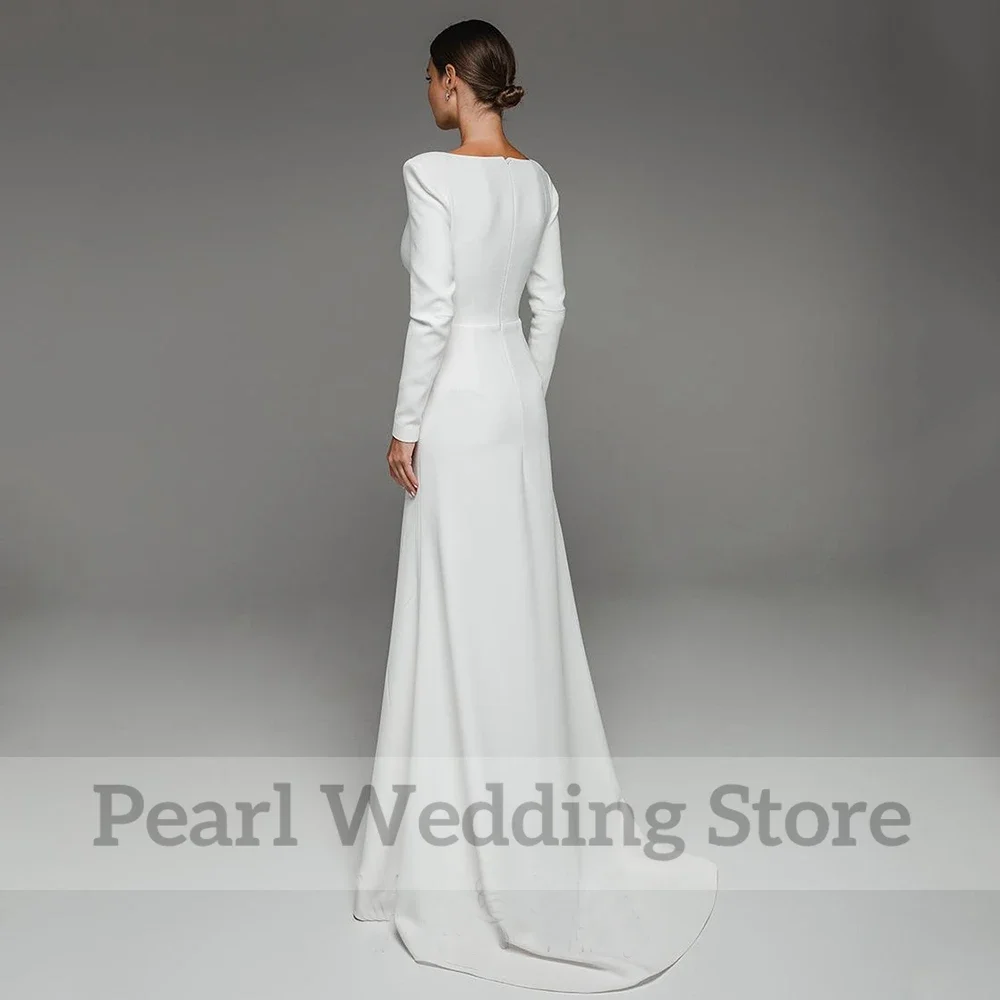 Simple White Satin Long Sleeve Wedding Dress Side Split A-Line Floor Length Bride Pleat V-Neck Dresses Sweep Train Custom Gowns