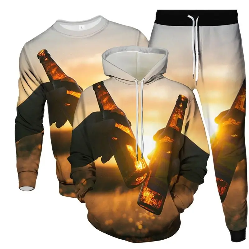 Men Women 3pcs Sets New Fashion Sporting Suit Sweatshirt Hoodies Sweatpants Drink Beer Cheers Print Men Clothing Tracksuit S-6XL