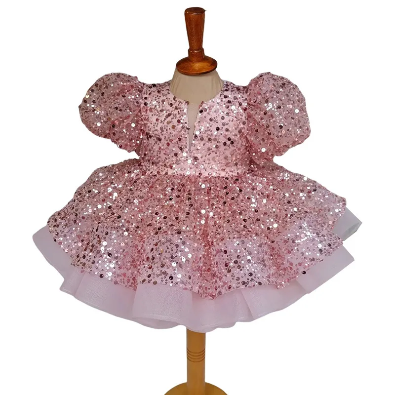 Pink Sequin Princess Dress for Toddler Girls European Style Bubble Sleeve Tutu for Fashion Show Kids Dresses for Baby Girls