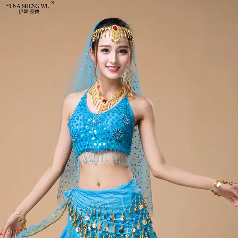 New Belly Dancing Bra Sexy Women Tassels Bra Belly Dance Tops with Chest Pads Hit Colors Stage Show Clothing Sequined Straps