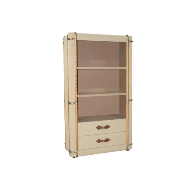 Solid wood bookshelf travel case style vintage library living room lounge studded canvas storage cabinet bookcase