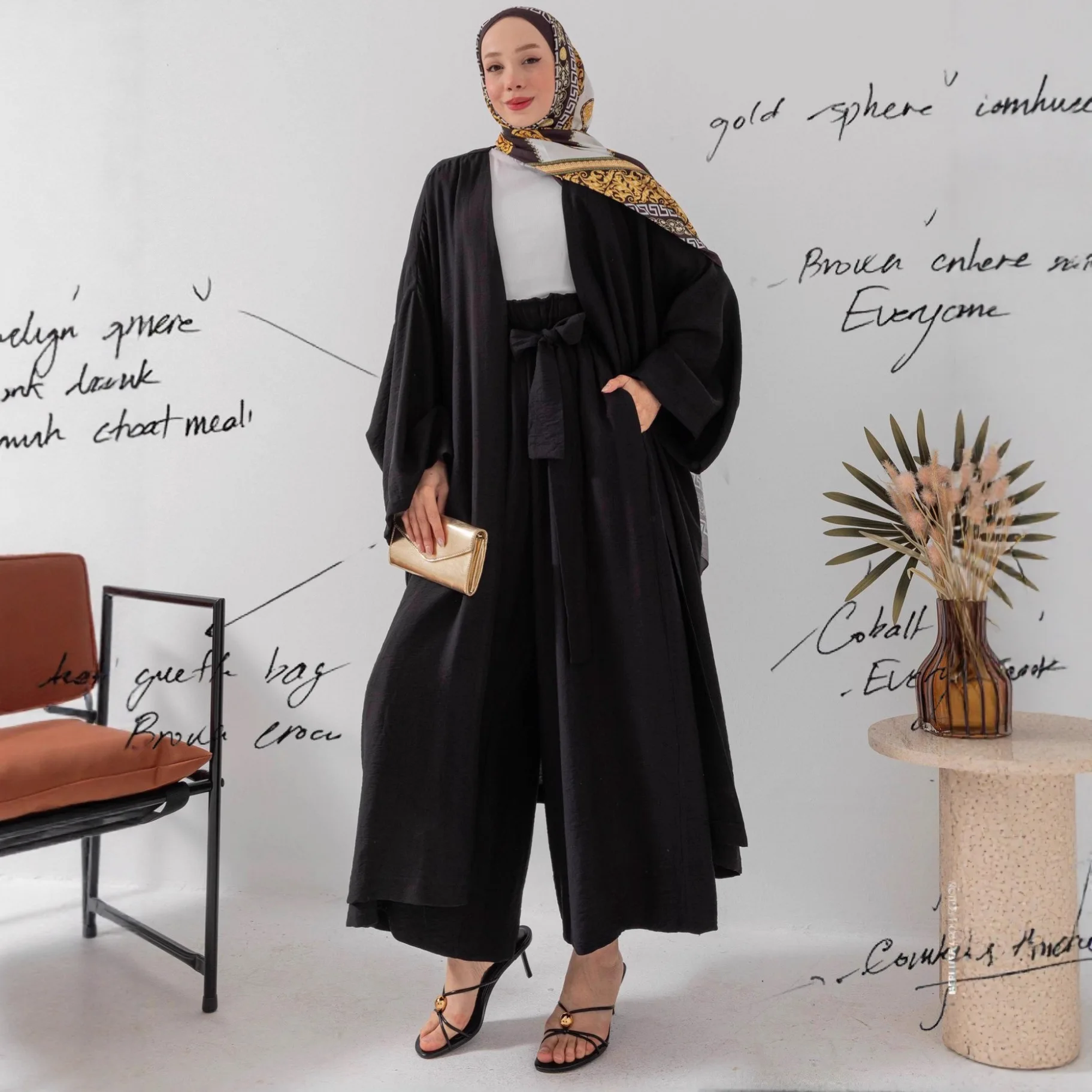 Abito Eid Cardigan Pantaloni a gamba larga Donna Set da 2 pezzi Pantaloni lunghi musulmani Dubai Ensemble Abiti modesti Marocco Ramadan