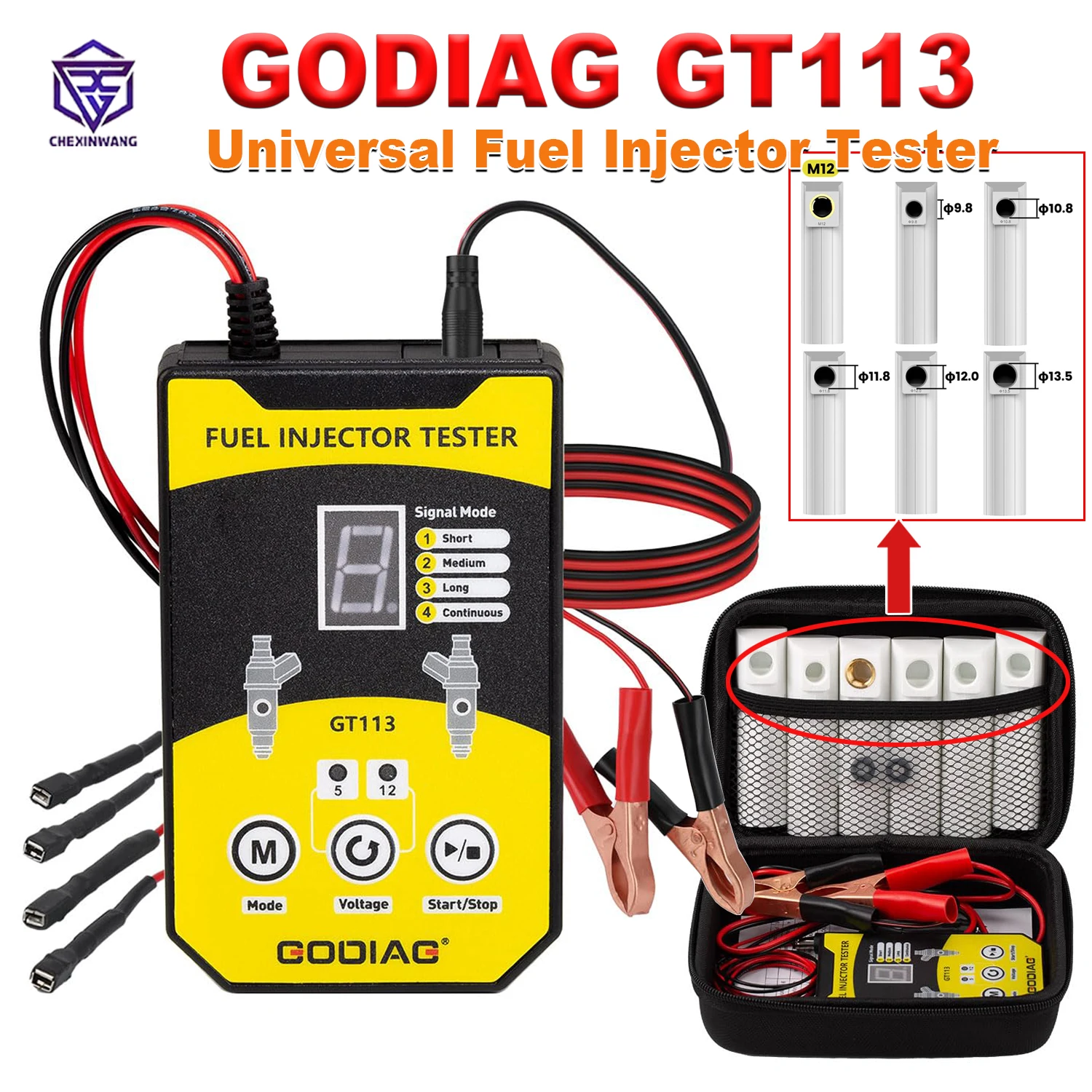 

Универсальный тестер топливных форсунок GODIAG GT113, набор для очистки форсунок с 6 адаптерами разного размера, 8 режимов импульсной очистки для автомобилей и мотоциклов