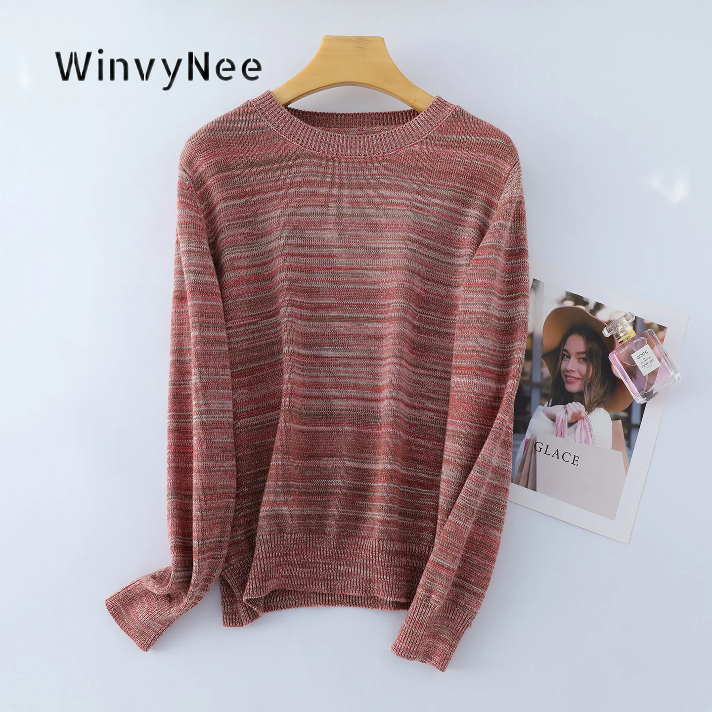 WinvyNee Women Pure Cotton Striped Crew Neck Long Sleeve Knit Pullover Casual Loose Sweater Fashion Spring Autumn Wear A1092047