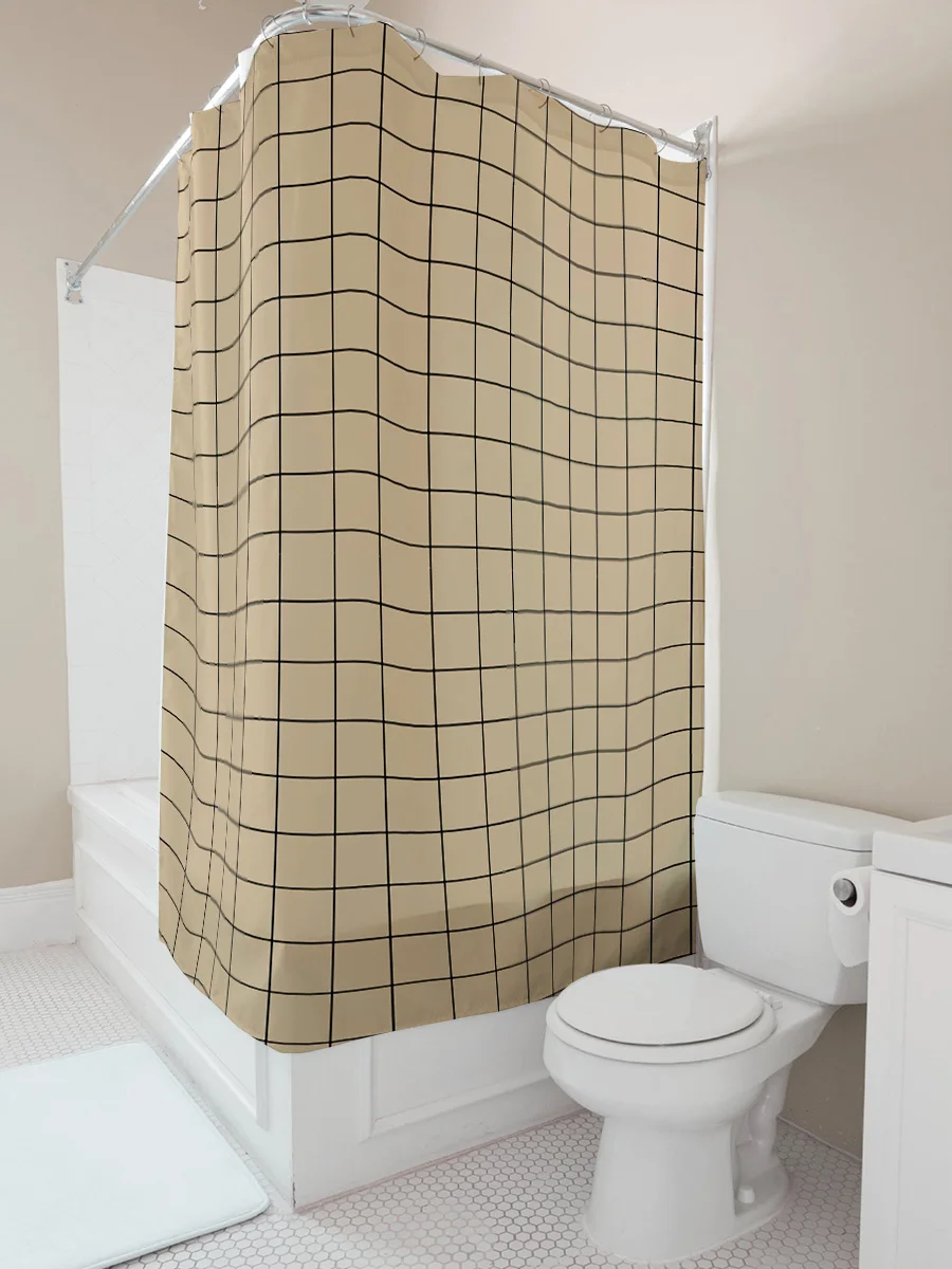 Beige checkered pattern waterproof and anti-mildew shower curtain suitable for modern minimalist bathroom decoration  Easy-Clean