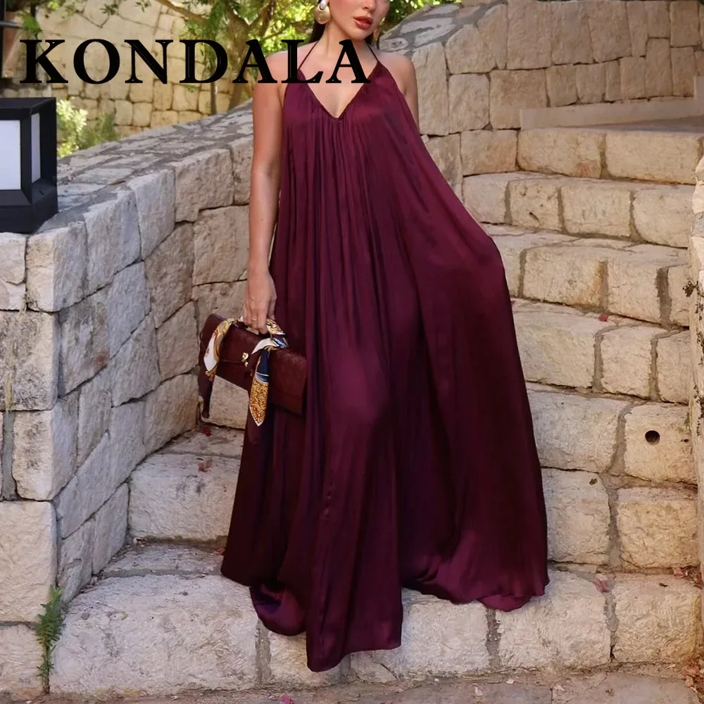 KONDALA Chic Elegante Winered 2025 Estate Donna Sexy Abito Collo-montato Abito Senza Schienale Moda Cami Lungo Night Party Club Vestido