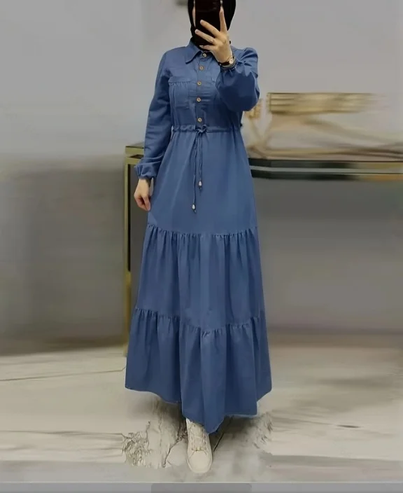 Ele Blue Patched Denim Dr Middle East Faion Commute Sle Verstelbare taille Lange Sve A-lijn rok uit één stuk