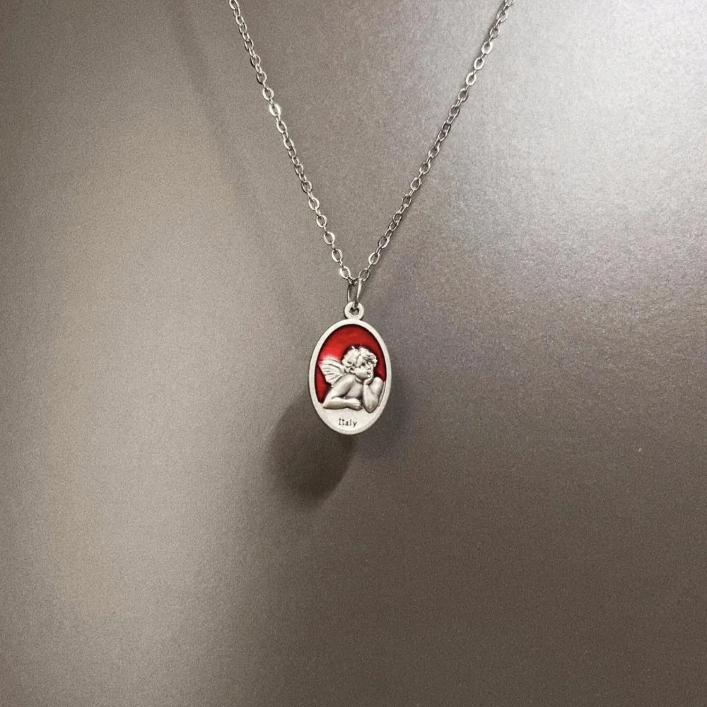 Vintage Temperament Sliver Color Double-sided Little Angel Fairy Relief Oval Pendant Necklace for Women Men Collar Chain Jewelry image 2
