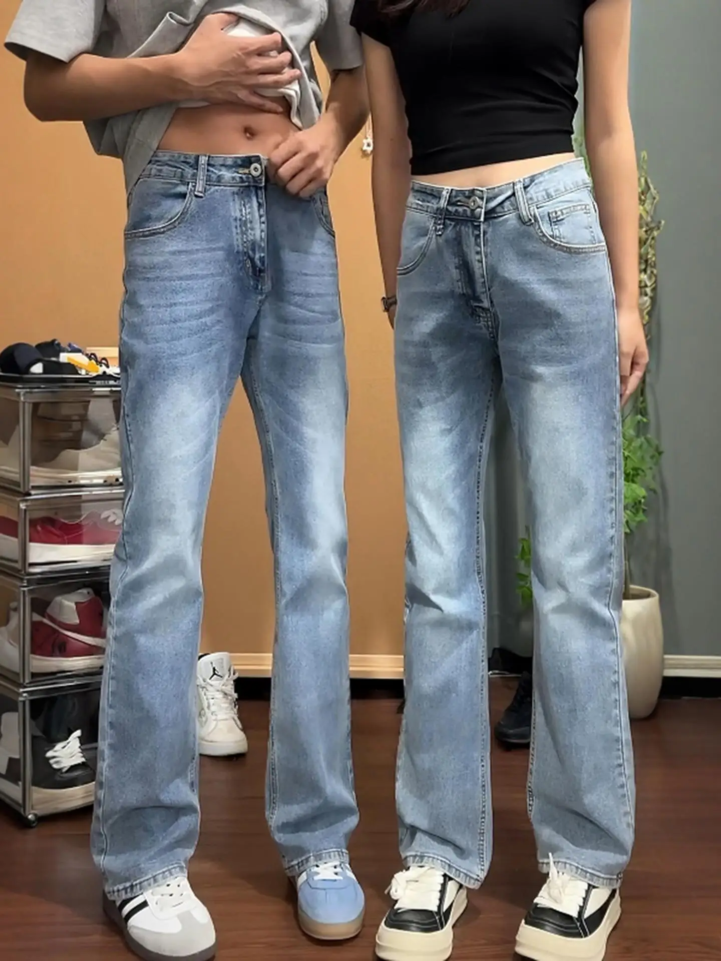 

High Waist Slim Fit Straight Leg Jeans Iceberg Blue Knife Design Men's Women's Street Sle Faionable Youth Jeans
