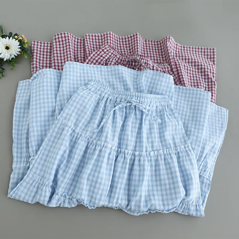 Japanese Sweet Mori Girl Vintage Plaid Cake Cotton Skirts Women Summer High Elastic Waist Casual Loose A-Line Skirts