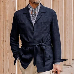 New Arrival Linen Lapel Men's Linen Belt Blazer SIngle Breasted Summer Casual Suits For Wedding Just One Jacket
