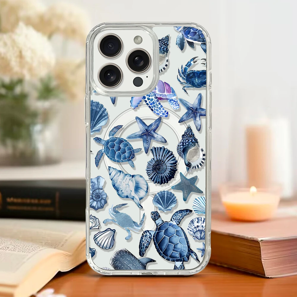 Marine Shell Collage Magnetic Phone Case for iPhone 16 pro max 15 Plus 14 13 12 Mini 11 Transparent Case