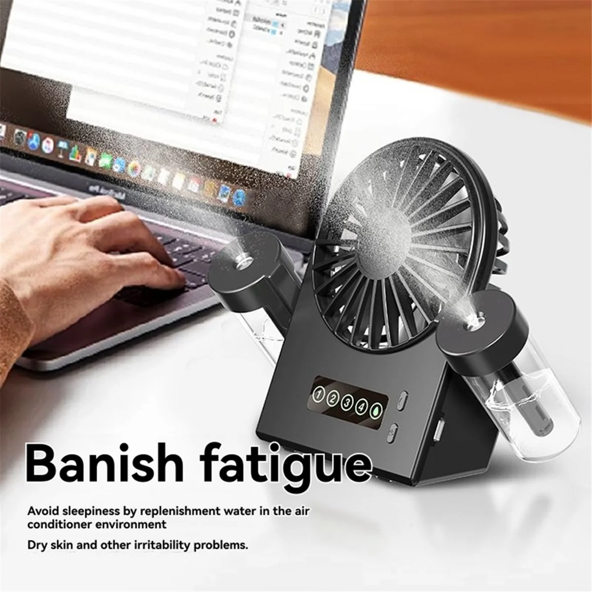 FZFZ デュアルスプレー デスクトップファン 加湿器 2-in-1 USB ポータブル デジタルディスプレイ 水補給スプレー ファン 1200mah ホワイト